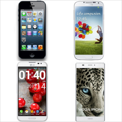▲ (좌측 상단부터 시계방향으로) 아이폰5, 갤럭시4, 아이언, 옵티머스 G프로 ⓒ 자료사진