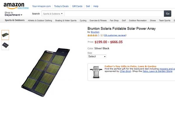 ▲ 아마존닷컴에서 판매하는 휴대용 태양전지. 휴대전화나 노트북 정도를 충전할 수 있다. 유기 태양전지 대량생산이 가능해지면 이보다 훨씬 저렴하게 생산할 수 있다.