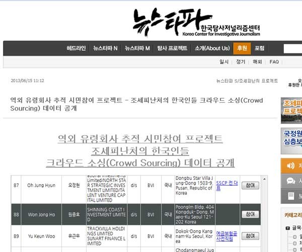 ▲ 뉴스타파가 공개한 '버진 아일랜드 페이퍼컴퍼니 설립자 명단' 중 일부. 88번째에 원종호라는 이름이 보인다. [사진: 뉴스타파 캡쳐]