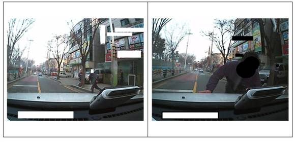 ▲ 횡단보도 고의 자해 제보 : 사기범는 충돌 상황에서 자동차을 피하지 않고, 오히려 위로 올라 탔다.