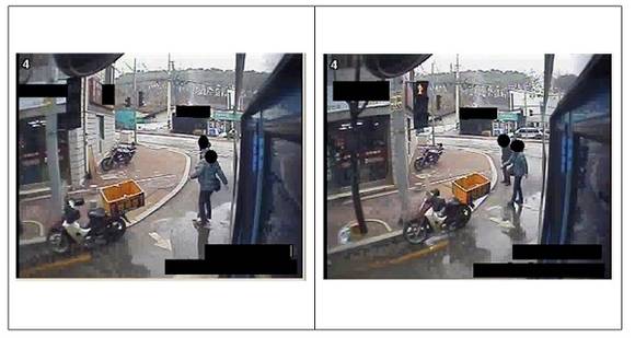 ▲ 손목치기 제보:  버스는 충분한 간격을 유지했지만 사기범들은 고의로 손목을 뻗어 버스를 치고 피해자로 신고했다.