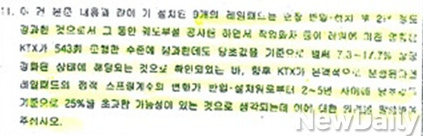 ▲ [경부고속철도 레일체결장치 중 레일패드에 관한 사항] 질문서