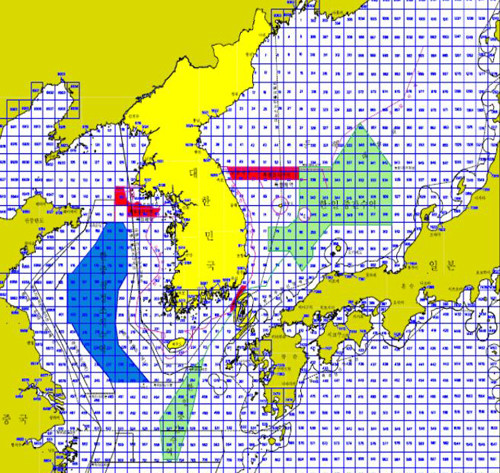 ▲ ▲ 한일어업협정수역도. 한일어업협상은 초록색부분의 공동수역 너머 상대방 EEZ안에 들어가 조업하는 선박의 척수와 어획할당량을 정하는 회담이다. ⓒ 해양수산부