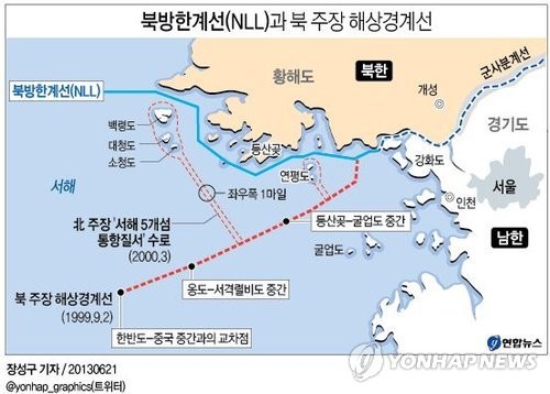 ▲ 북방한계선(NLL)과 북 주장 해상경계선 ⓒ 연합뉴스DB