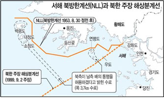 ▲ 서해북방한계선(NLL)과 북한 주장 해상분계선ⓒkonas.net
