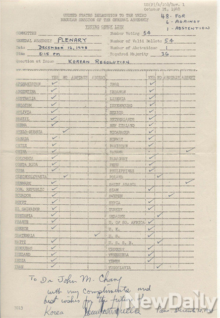 ▲ 1948년 파리에서 열린 제3차 유엔총회는 대한민국을 한반도의 유일한 합법정부로 인정했다. 사진은 당시 유엔총회의 투표용지.ⓒ허동현