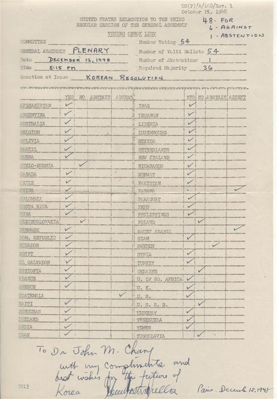 ▲ 미국 덜레스가 장면에게 준 '선물'...1948년 12월 12일 오후 5씨 15분에 실시된 제3차 유엔총회의 대한민국 정부 승인에 대한 표결 결과를 정리한 “Voting Check List”