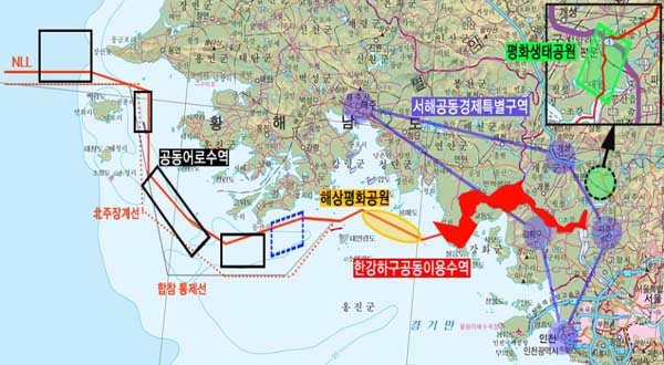 윤호중 민통당 의원이 공개한 지도 중 하나. 빨간색으로 표시한 지역을 북한과 공동개발한다는 계획도 있다.