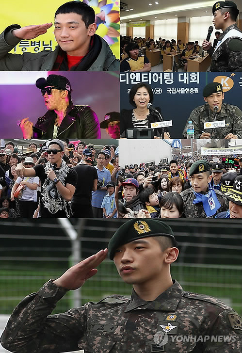 ▲ 21개월간의 군복무를 마친 가수 비(본명 정지훈)가 10일 오전 서울 용산구 국방홍보원에서 전역 신고를 한 뒤 사회에 첫 발을 내디뎠다. 사진 왼쪽 위부터 2011년 10월 입대, 2012년 4월 병무홍보대사 활동, 6월 여수엑스포 개막특집 콘서트, 6월 국방FM 진행, 9월 에어쇼 축하공연, 2013년 1월 나라사랑 걷기대회, 7월 만기제대.  ⓒ 연합뉴스