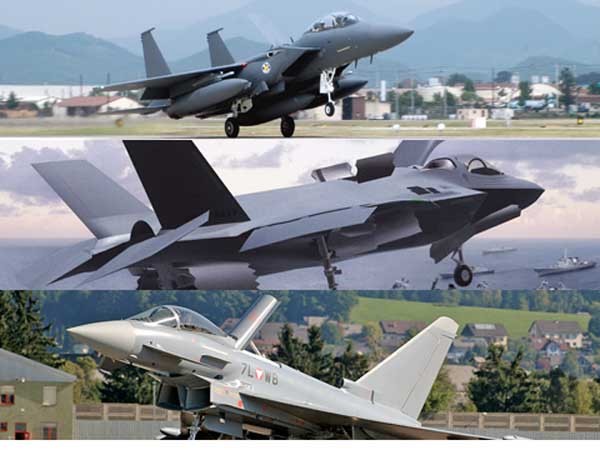 ▲ 차기 전투기 사업의 후보기종들. 위에서부터 F-15 SE, F-35A 스텔스 전투기, EF2000 유로파이터.