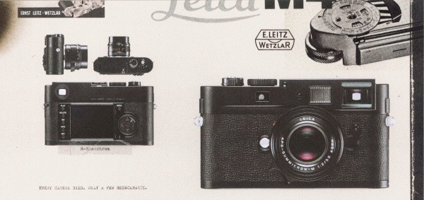 ▲ M모노크롬과 레이카3를 함께 보여준 인쇄 광고의 일부. “모든 카메라는 죽는다, 환생하는 건 몇 대 되지 않는다.”