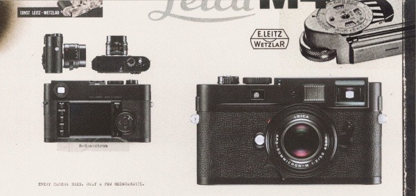 ▲ M모노크롬과 레이카3를 함께 보여준 인쇄 광고의 일부. “모든 카메라는 죽는다, 환생하는 건 몇 대 되지 않는다.”