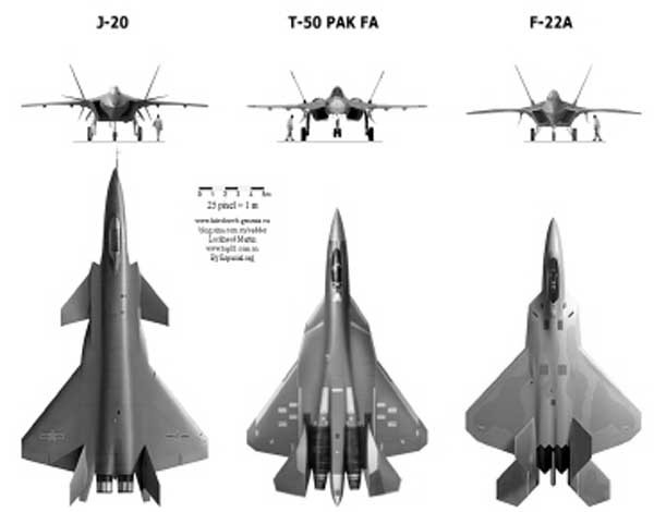 2020년 이후 주변국이 주력으로 사용할 스텔스 전투기. 왼쪽부터 중국, 러시아, 미국이다. 일본은 F-35A를 100여 대 생산할 예정이다.