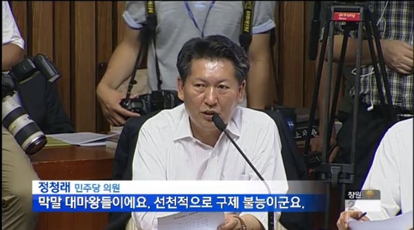 ▲ 19일 국회에서 열린 국정원 국정조사 2차 청문회에서 새누리당 의원들을 향해 [막말 대마왕]이라고 비난한 민주당 정청래 의원.ⓒKBS뉴스 캡쳐