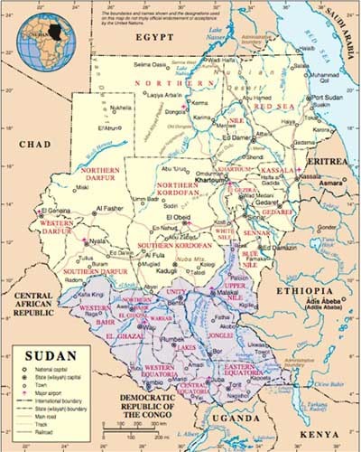 수단과 남수단의 지도. 색깔이 짙은 곳이 남수단이다. 남수단에는 우리 군 '한빛부대'가 평화유지를 위해 파병나가 있다.