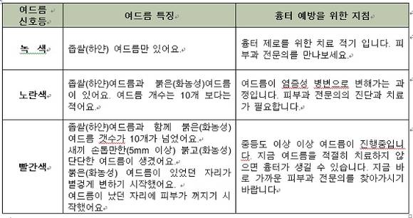 ▲ 대한여드름학회 여드름 흉터 예방 지침 - ‘여드름 신호등’