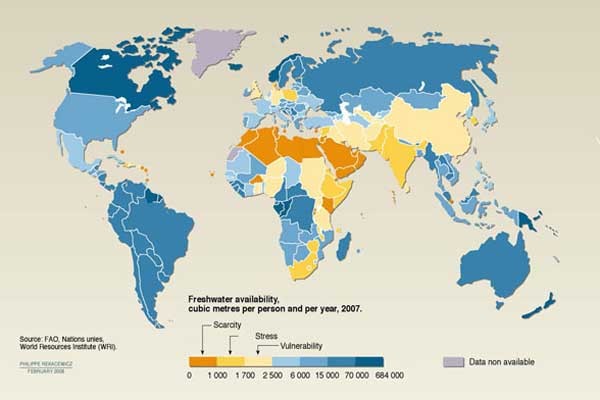 ▲ 그래픽: 2007년 UN과 FAO(국제식량기구)가 밝힌 세계 물부족 지도.