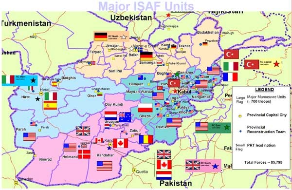 ▲ 2010년 1월 아프가니스탄 주둔 ISAF 부대 배치도. 정은이가 한 번 더 전쟁을 일으킬 경우 북한에도 이처럼 다국적군이 주둔할 수 있다.