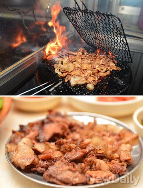 ▲ 숙성시켜 양념한 돼지고기를 석쇠에 올려 연탄불에 구워낸 석쇠불고기