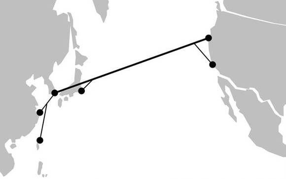 ▲ 태평양 횡단 해저 광케이블 건설 추진중인 연결 구성도(중국, 일본, 대만, 한국, 북미지역).ⓒKT