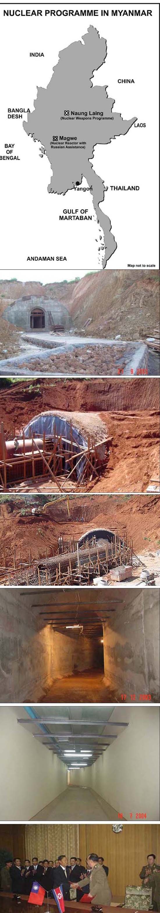 ▲ 스웨덴 출신 군사 전문 언론인 베르틸 리트너가 2009년 6월 공개한 미얀마 땅굴. 맨 아래 사진은 ‘북한-미얀마 상호양해각서’ 체결을 위해 2008년 미얀마 국방부를 방문, 미얀마 군부 서열 3위의 쉐만 장군과 악수를 하고 있는 김격식(천안함 폭침-연평도 포격 주동인물) 인민군 제4군단장의 모습.