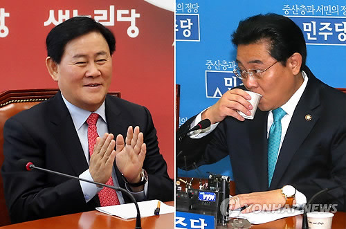 ▲ 재보선에서 승리한 새누리당의 최경환 원내대표가 31일 국회에서 열린 최고위원회의에서 박수치고 있다(왼쪽사진). 전병헌 민주당 원내대표는 같은 날 열린 비상국회운영본부회의에서 물을 마시고 있다.ⓒ연합뉴스