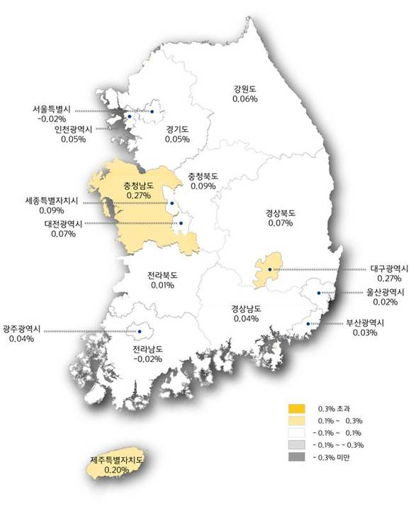 ▲ 주간 아파트 매매가격지수 변동률 색인도.ⓒ한국감정원