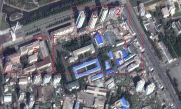 ▲ 북한전문매체 '뉴포커스'가 보도한 3호 청사의 위성사진. 사진 속 1번이 평양 전승동에 있는 3호 청사다.