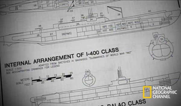 ▲ 일본의 무조건 항복 이후 미군이 분석한 I-400급. [사진: NGC 다큐멘터리 화면캡쳐]