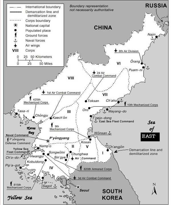 ▲ 북한군 주요부대 배치도. 로마숫자 V를 잘 봐야 한다. [지도: 전미과학자협회 홈페이지 캡쳐]