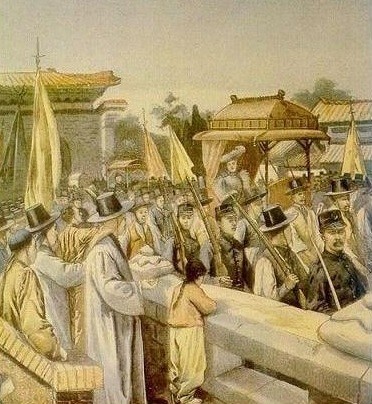 ▲ 고종황제의 가마를 탄 앨리스.(1905년 프랑스 신문에 보도된 그림)