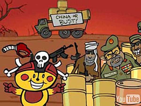 ▲ 다르푸르 학살 당시 수단 정부를 지원한 중국 공산당과 인민해방군을 비난하는 카툰. [사진: 유튜브 캡쳐]