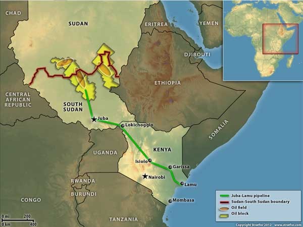 ▲ 주바-라무 송유관 사업제안. 남수단-우간다-케냐를 잇는 송유관 사업이다. [사진: 스트랫포 캡쳐]