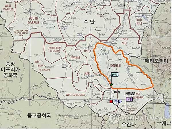 ▲ 한빛부대 주둔지와 남수단 지도. [사진: 연합뉴스]