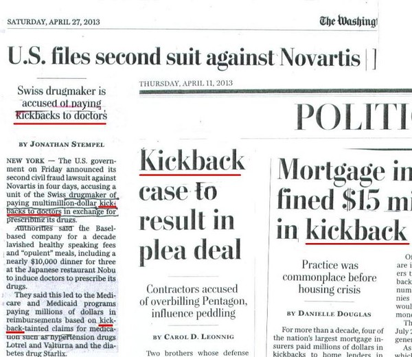 ▲ 제약사가 의사들에게 뇌물(kickback)을 주었다고 보도한 워싱턴 포스트 기사.