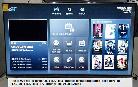 ▲ 씨앤앰과 LG전자가 공동개발한 SW 셋톱박스 방식 UHD  TV를 CES2014에서 공개했다.ⓒ씨앤앰