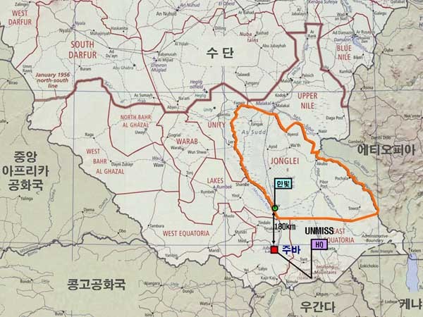 ▲ 남수단 지도와 한빛부대 주둔지 위치. [사진: 합참 제공]