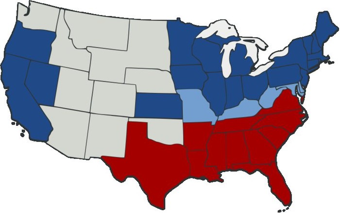 ▲ 회색이 변경주(새로 개척되는 지역, territories) 였다. "변경주에 노예제를 실시할 수 있는가?"라는 문제가 당시 미국의 최대의 이슈였다.ⓒ