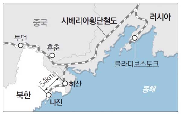 ▲ 북한 나진과 러시아 하산 지도. 일각에서는 TSR(시베리아 횡단철도) 연장의 시작이라고 주장한다. [그래픽: 동아닷컴]