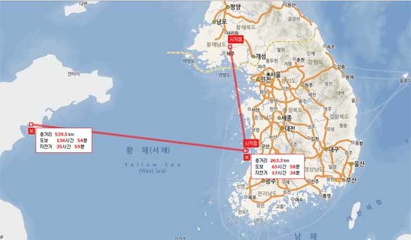 ▲ 인터넷 지도 거리재기로 본 북한 대공 미사일 기지와 중국 미사일 기지, B-52H 훈련 장소 사이의 거리.