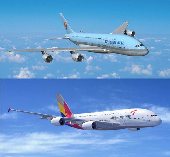 ▲ (위)대한항공 A380 (아래)아시아나항공 A380 ⓒ제공=에어버스