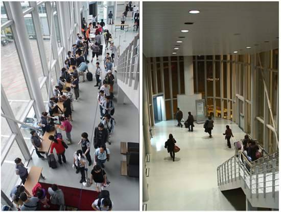 ▲ 미국행 항공기 2차 검색 폐지 전 탑승구(왼쪽)와 폐지 후 탑승구 모습 ⓒ 국토교통부 제공