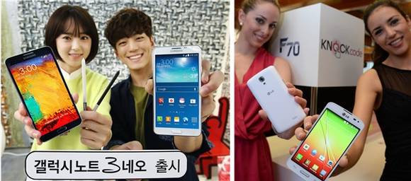▲ 왼쪽부터 삼성전자의 갤럭시노트3 네오와 LG전자의 F70 스마트폰 ⓒ삼성전자, LG전자 제공
