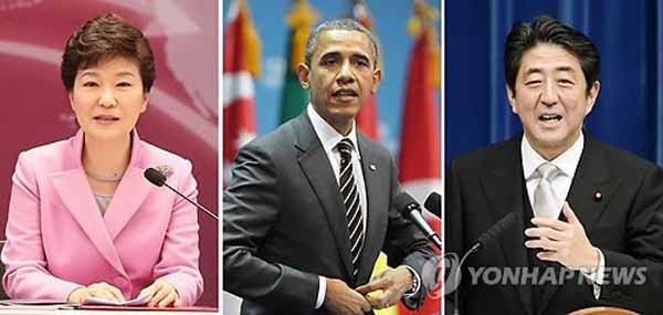 ▲ 한미일 세 나라의 정상회담이 25일 헤이그에서 열린다. 사진은 왼쪽부터 박근혜 대통령, 버락 오바마 미국 대통령, 아베 신조 일본 총리. ⓒ 연합뉴스