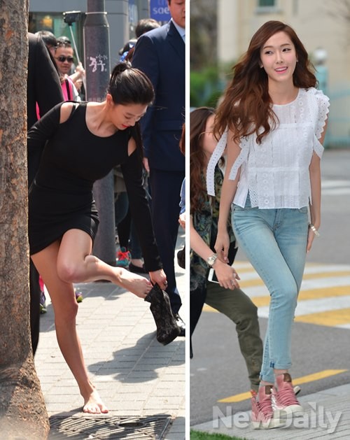 ▲ 맨발로 명동거리를 달려 힐을 신는 클라라, 여유롭게 걸어들어오는 제시카 ⓒ뉴데일리 정상윤