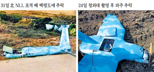 ▲ 지난 3월 31일 백령도에 추락한 무인기와 3월 24일 경기 파주시에 추락한 무인기. [사진: 국방부 제공]