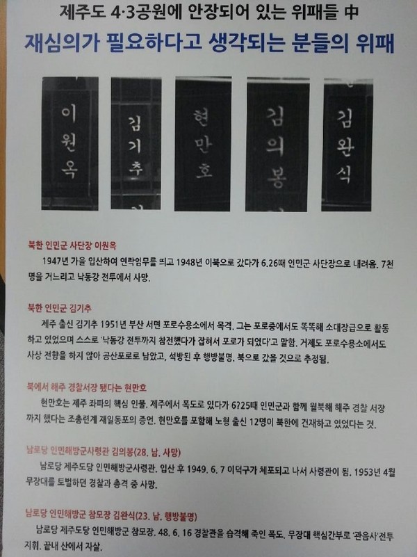 ▲ 제주도 4.3공원에 안장돼 있는 위패들 중에 인민군 사단장 등의 경력을 가진 사람이 포함된 것으로 알려져 논란이 일고 있다.ⓒ새누리당 하태경 의원실 제공