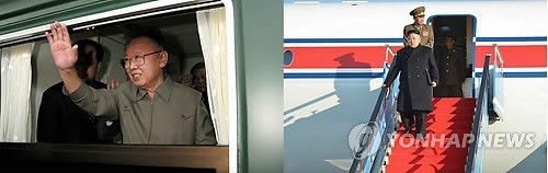 ▲ 북한 노동당 기관지 노동신문이 2일 김정은 국방위원회 제1위원장이 비행기를 타고 지방을 방문한 모습을 처음으로 공개했다. 김 제1위원장의 비행기 이용은 그의 아버지인 김정일 국방위원장이 지방 시찰은 물론 해외 방문 때도 열차를 고집했던 것과 대조되는 것이어서 눈길을 끈다. 오른쪽 사진은 김 제1위원장이 인민군 연합부대 지휘관들의 결의대회 참석을 위해 지난 1일 백두산 부근의 삼지연비행장에 도착한 뒤 비행기에서 내리는 장면. 왼쪽 사진은 김정일 국방위원장이 지난 2010년 5월 중국 비공식 방문을 마치고 베이징역에서 중국의 지도간부들에게 작별인사를 하는 장면. 2014.4.2 (사진=연합뉴스, 무단전재-재배포금지)