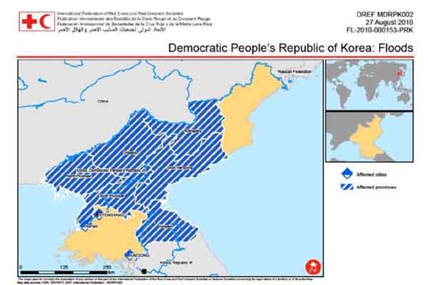 ▲ 국제적십자사연맹이 파악한 북한 내 홍수발생지역. [사진: 김성일 서울대 교수 제공]