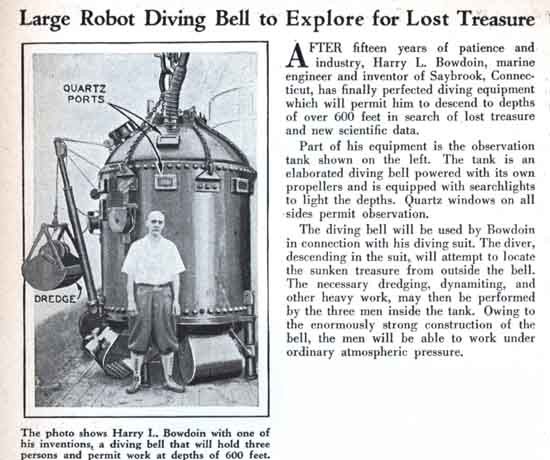 ▲ 1930년대 한 발명가가 만든 다이빙 벨의 모습. 200미터 이상 잠수할 수 있다고 돼 있다. 다이빙 벨이 처음 문서에 등장한 것은 솔로몬 왕의 심해 여행에서다. 수백 년 이상의 역사를 갖고 있다. 유속이 거의 없는 심해탐사에는 적합하나 유속이 빠른 곳에서는 모선과의 연결선이 끊어질 우려가 있어 위험하다. [사진: 외신 보도 캡쳐]